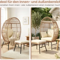 Eierstuhl Rattan mit Fußhocker Gartenliege Loungestuhl mit bequemen Kissen & Polstern Rattansessel Beige