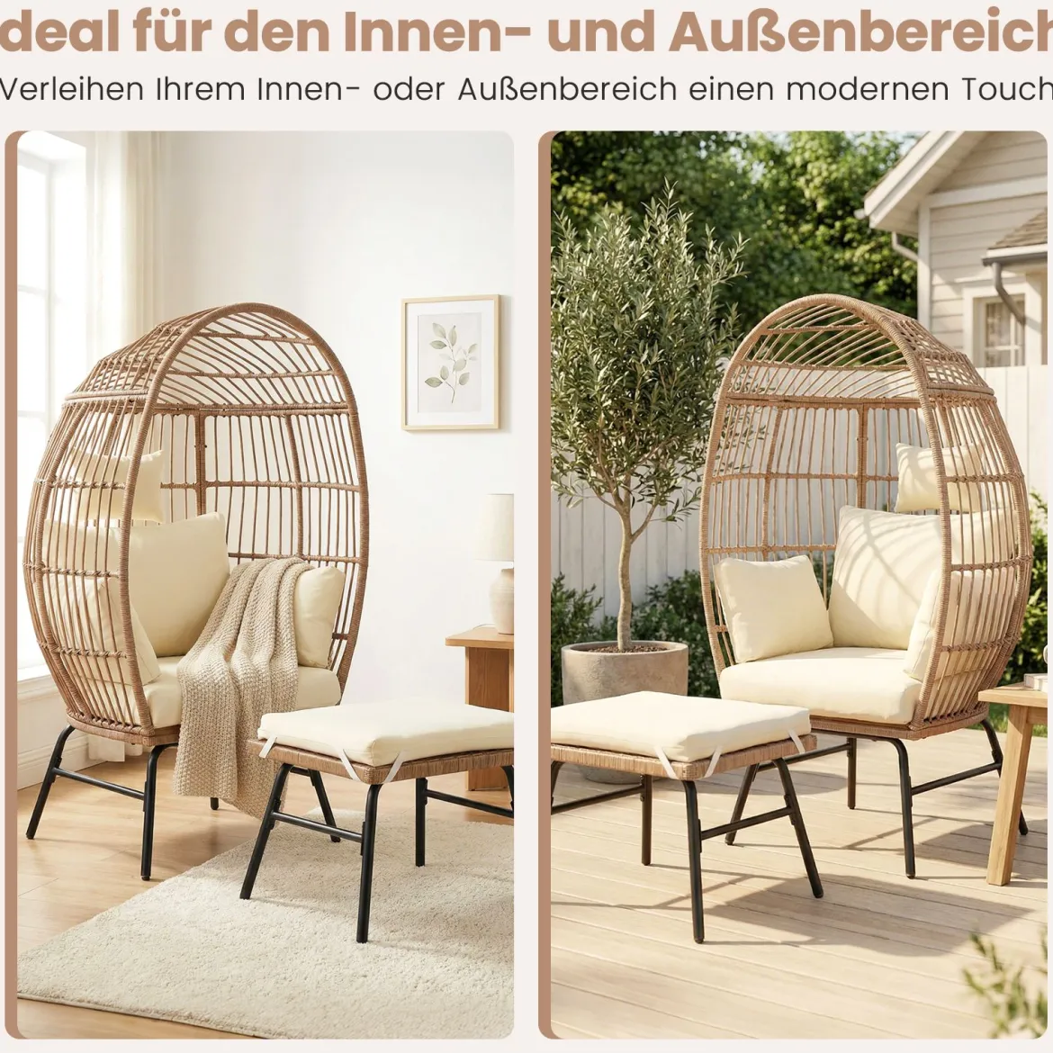 Eierstuhl Rattan mit Fußhocker Gartenliege Loungestuhl mit bequemen Kissen & Polstern Rattansessel Beige
