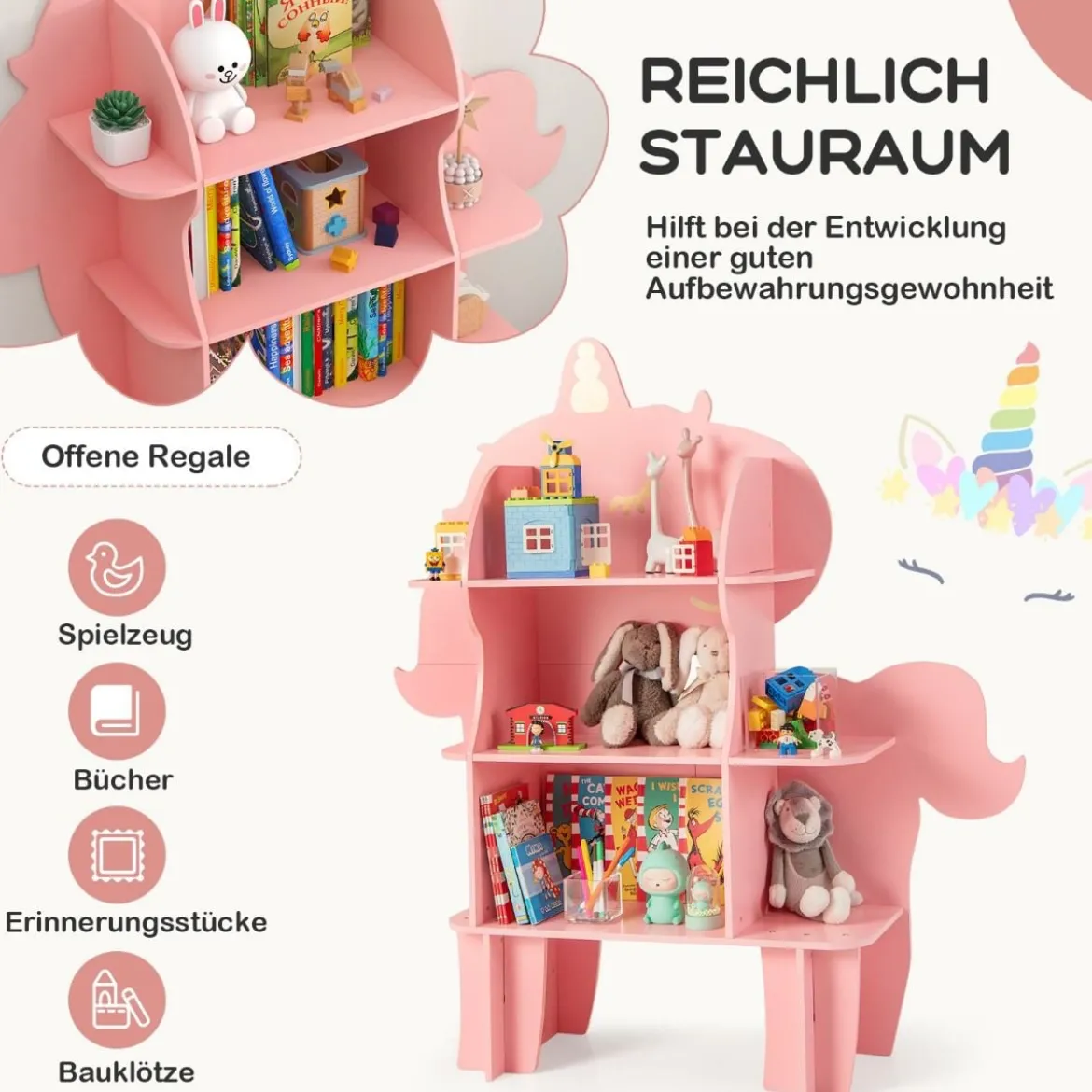 Einhorn Bücherregal für Kinder Spielzeug-Aufbewahrungsorganisator mit offenen Regalen