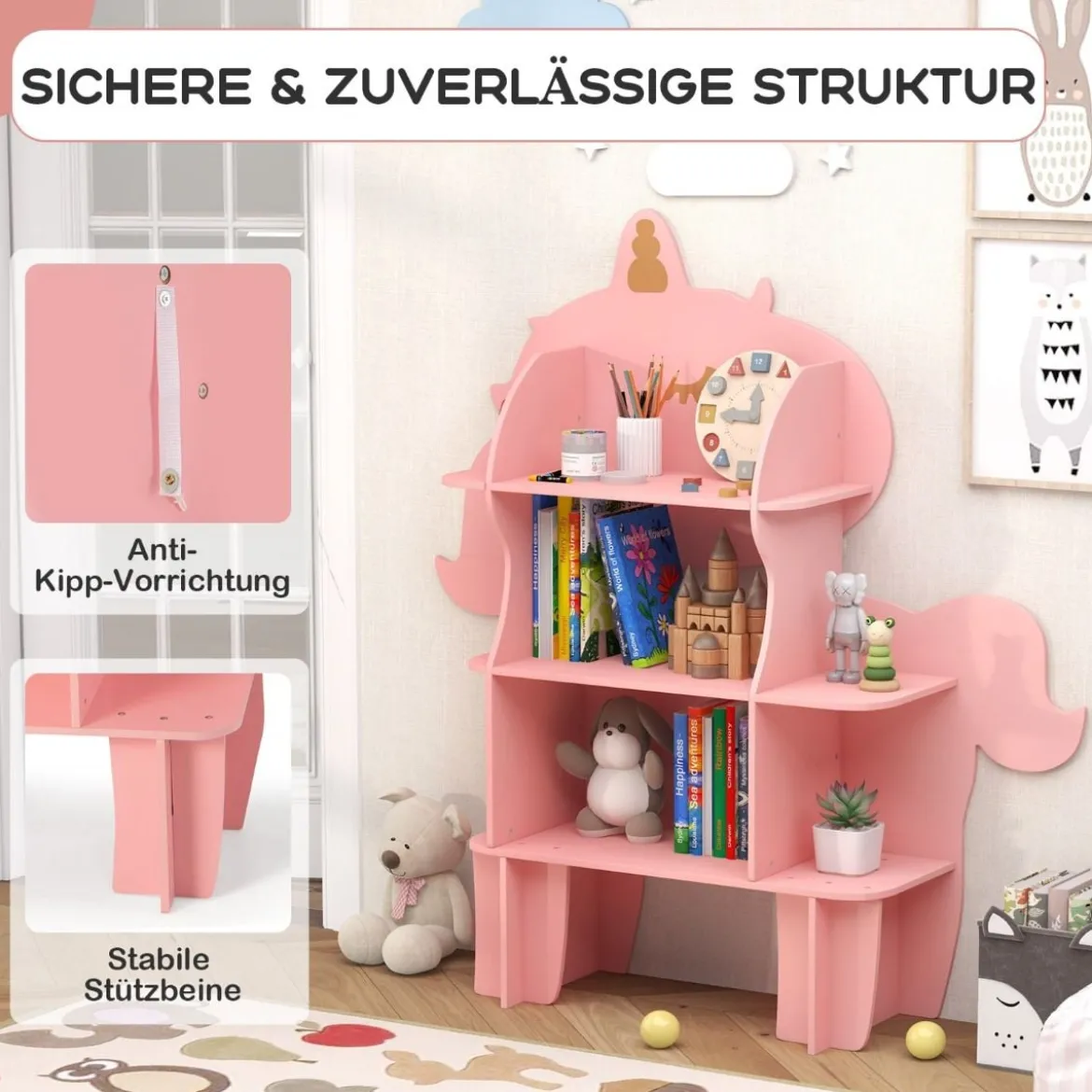 Einhorn Bücherregal für Kinder Spielzeug-Aufbewahrungsorganisator mit offenen Regalen