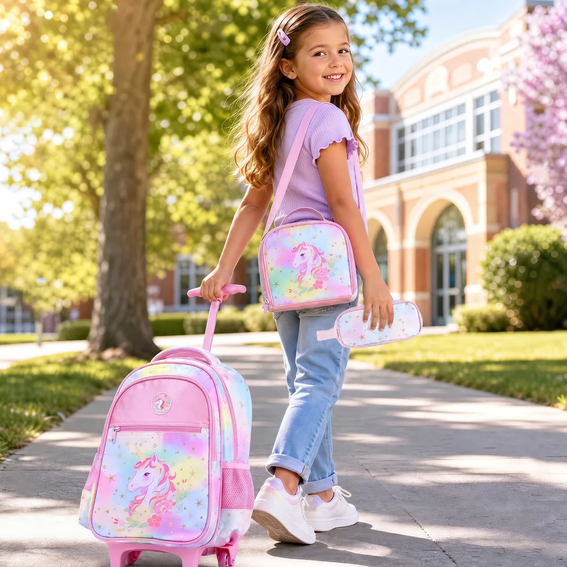 Einhorn Kinder Schulrucksack mit Rollen 3-teiliges Rollrucksack Set Einhorn Mehrfarbig M