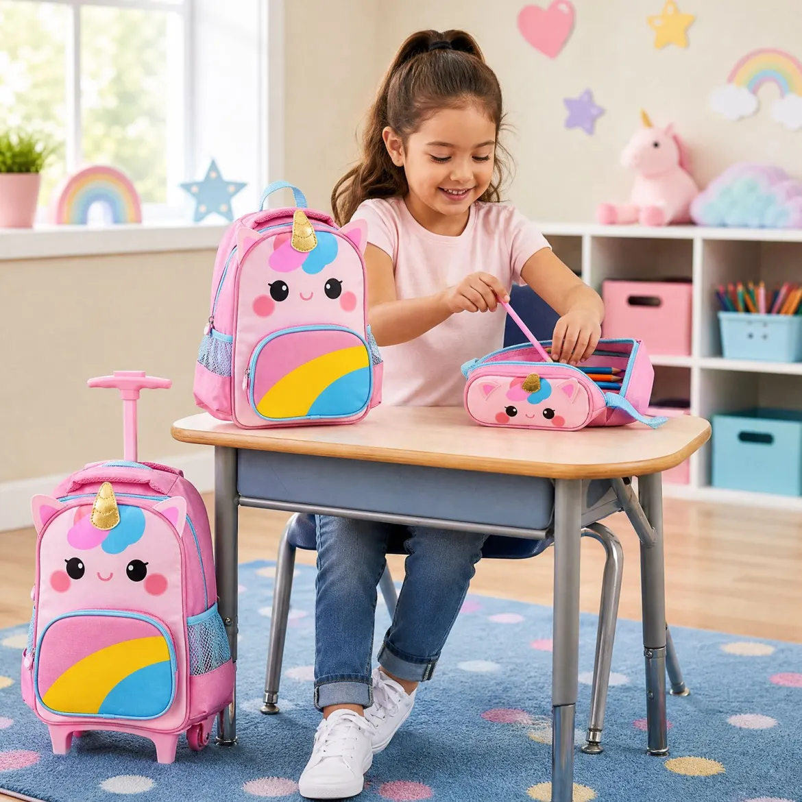 Einhorn Kinder Schulrucksack mit Rollen 3-teiliges Rollrucksack Set Einhorn Mehrfarbig S