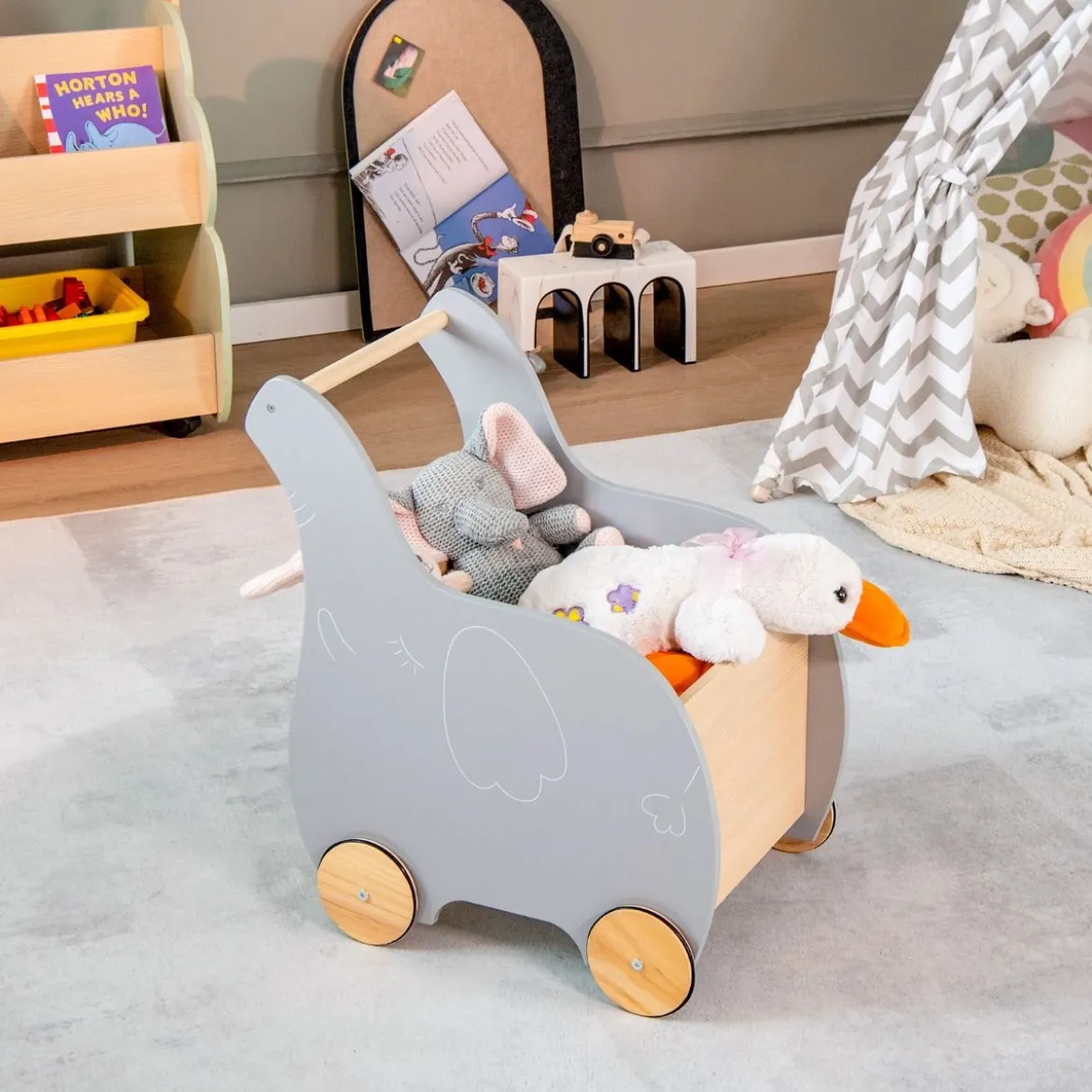 Einkaufswagen Holz-Einkaufswagen in Elefantenform für Kinder 32 x 48 x 56 cm Grau