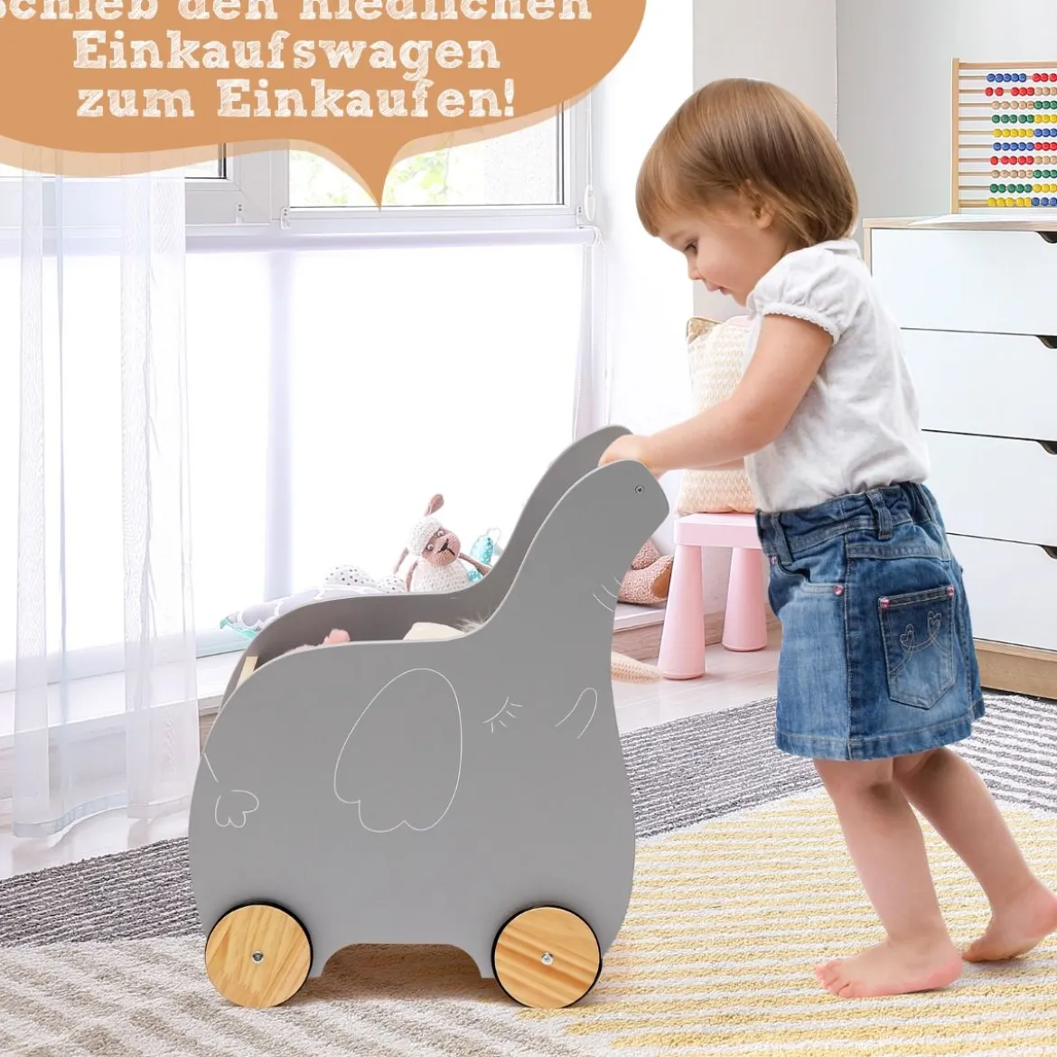 Einkaufswagen Holz-Einkaufswagen in Elefantenform für Kinder 32 x 48 x 56 cm Grau