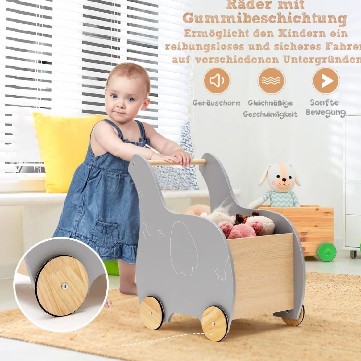 Einkaufswagen Holz-Einkaufswagen in Elefantenform für Kinder 32 x 48 x 56 cm Grau