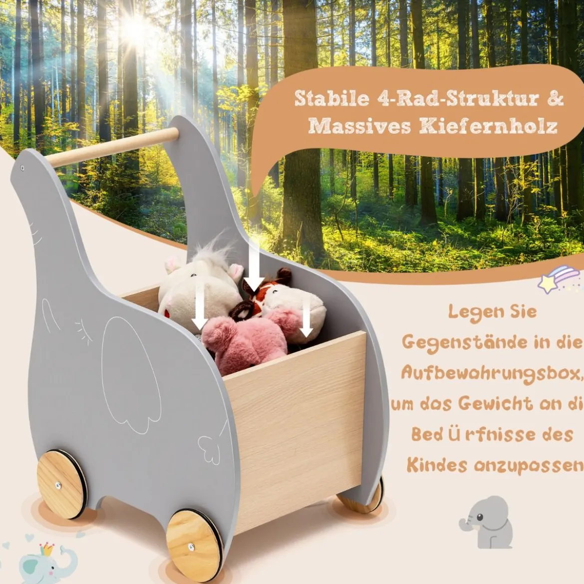 Einkaufswagen Holz-Einkaufswagen in Elefantenform für Kinder 32 x 48 x 56 cm Grau