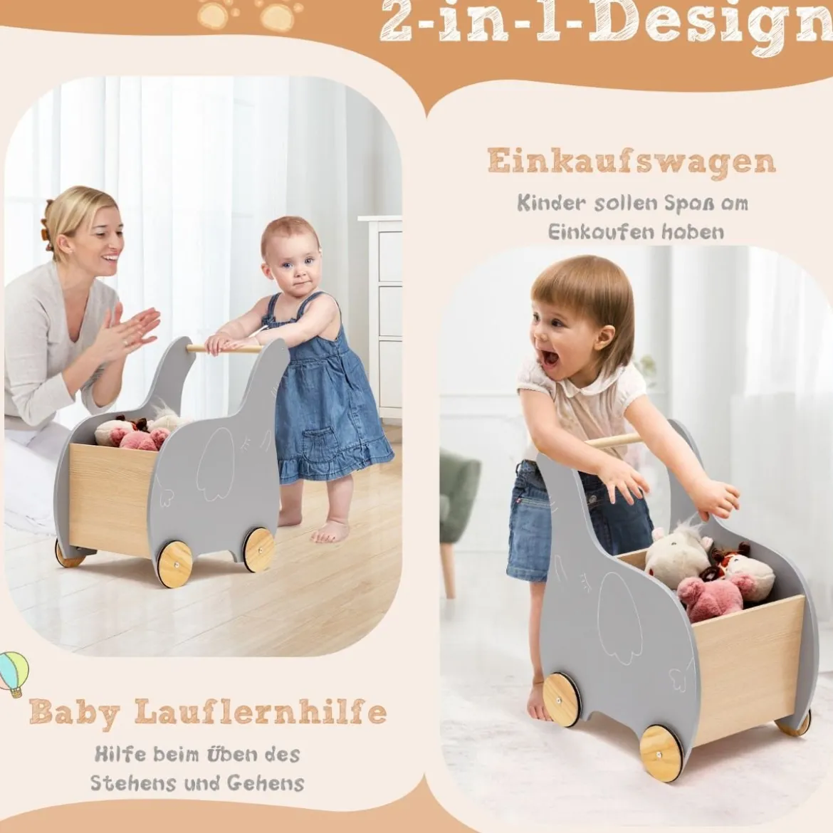 Einkaufswagen Holz-Einkaufswagen in Elefantenform für Kinder 32 x 48 x 56 cm Grau