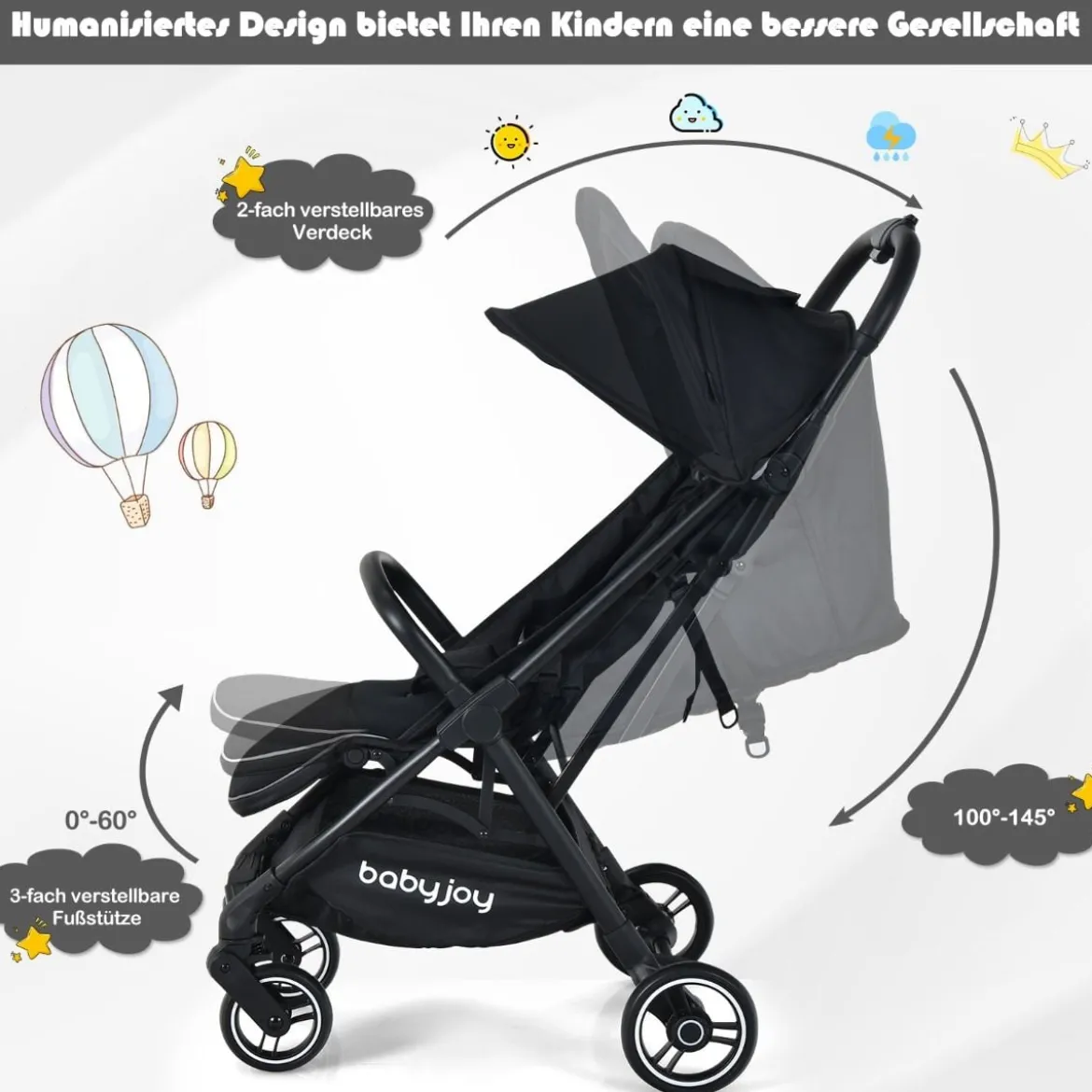 Ein-Knopf-Klappbar Kinderwagen mit Verstellbare Rückenlehne & Fußstütze Schwarz
