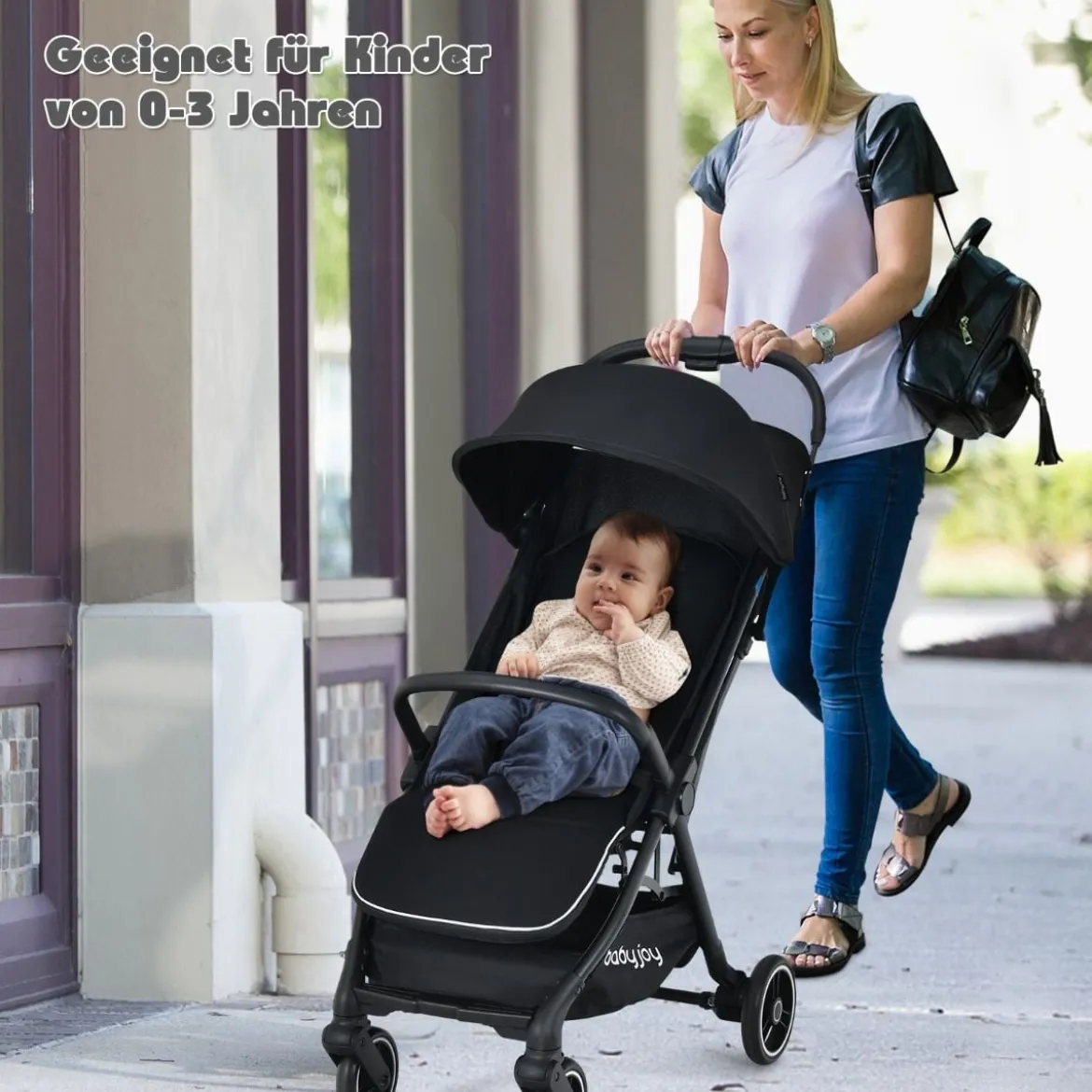 Ein-Knopf-Klappbar Kinderwagen mit Verstellbare Rückenlehne & Fußstütze Schwarz