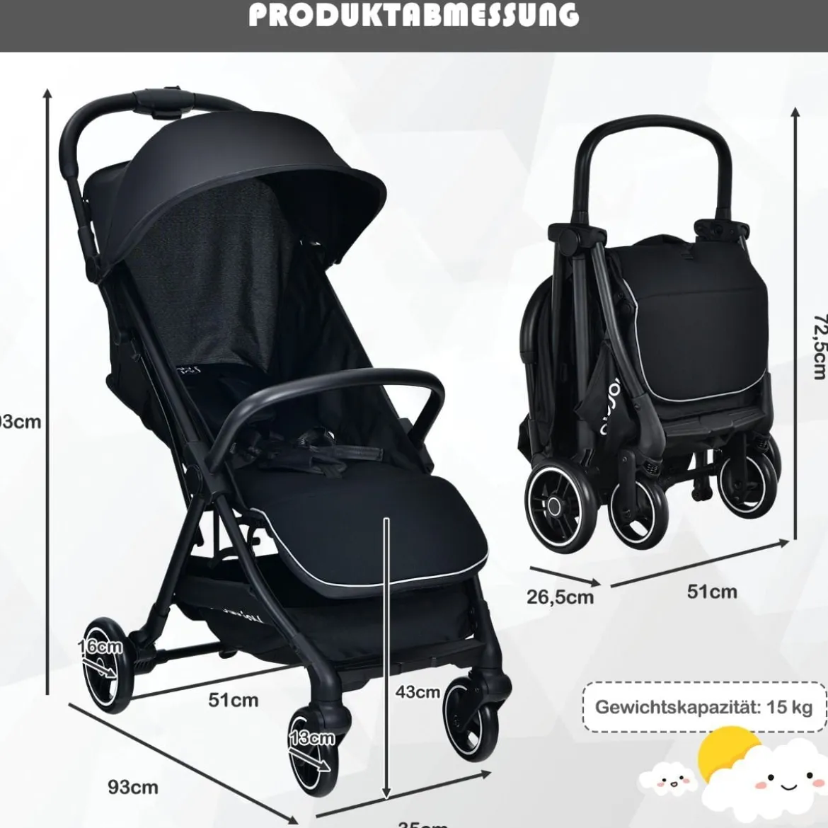 Ein-Knopf-Klappbar Kinderwagen mit Verstellbare Rückenlehne & Fußstütze Schwarz