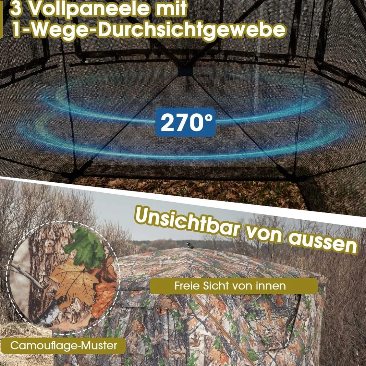 Einseitig durchsichtiges 270° Jagdzelt Pop-Up-Unterstand für 2–3 Personen mit geräuschlosem Schiebefenster & Tragetasche Jagdversteck