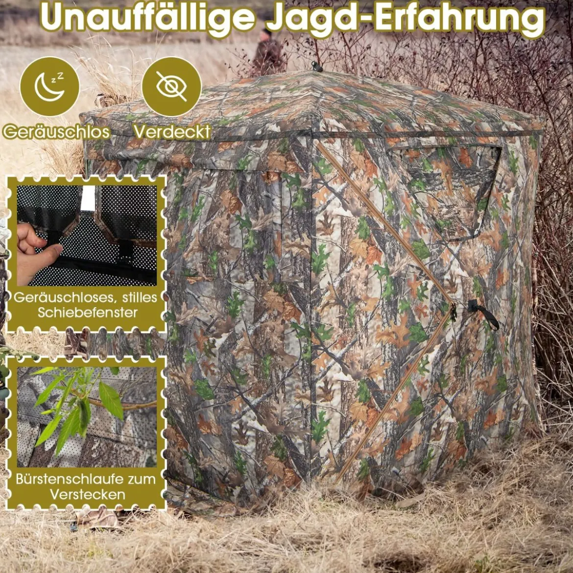 Einseitig durchsichtiges 270° Jagdzelt Pop-Up-Unterstand für 2–3 Personen mit geräuschlosem Schiebefenster & Tragetasche Jagdversteck