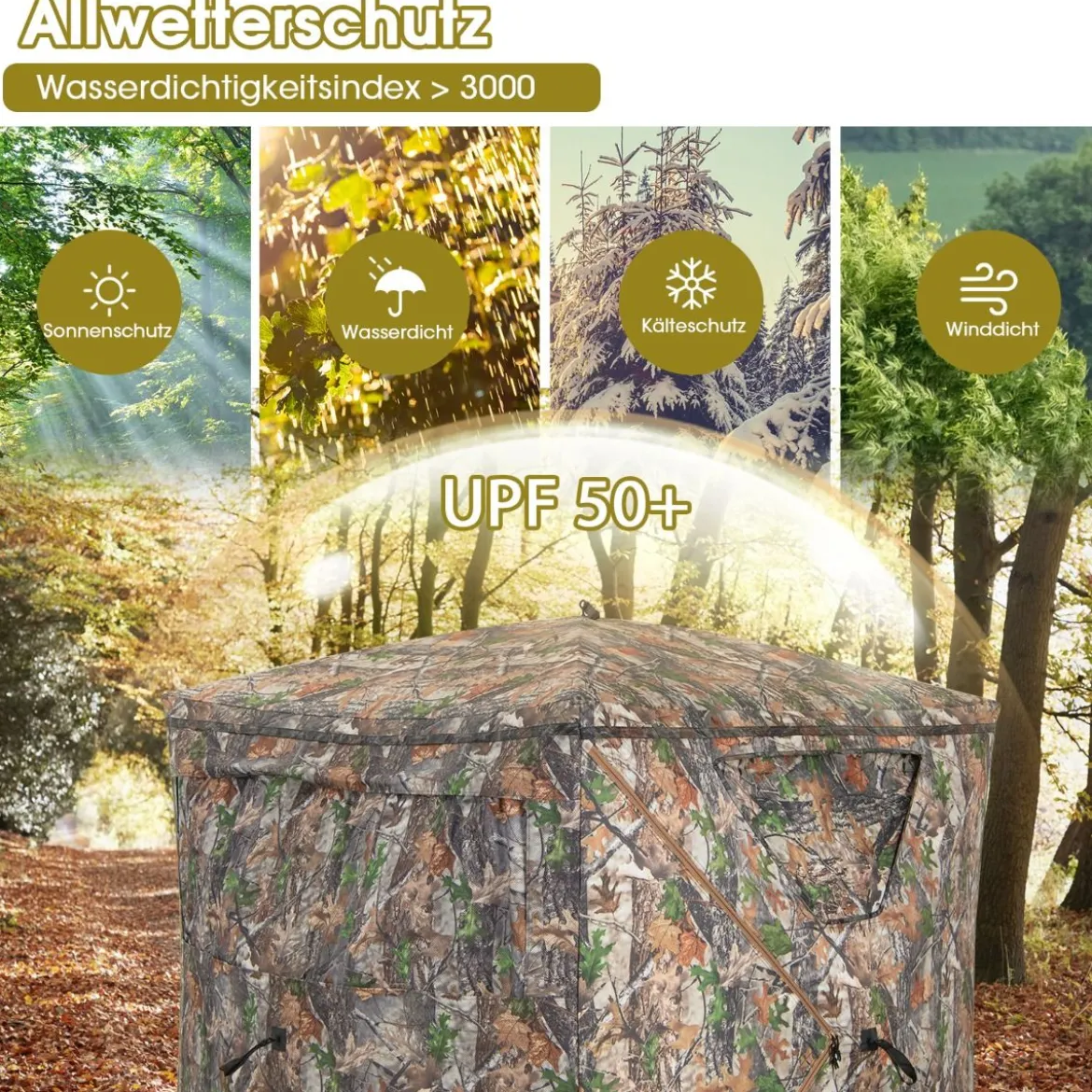 Einseitig durchsichtiges 270° Jagdzelt Pop-Up-Unterstand für 2–3 Personen mit geräuschlosem Schiebefenster & Tragetasche Jagdversteck