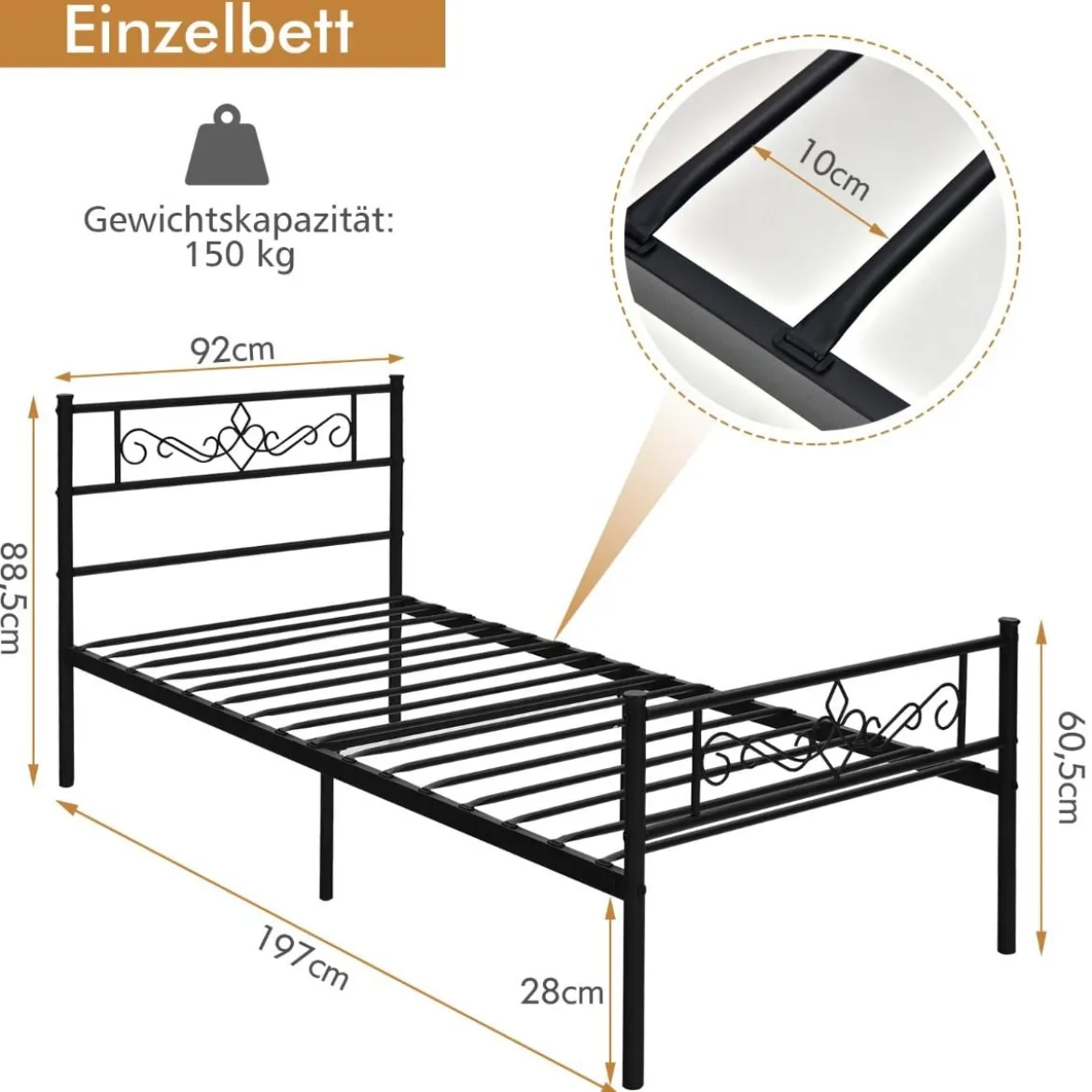 Einzelbettgestell aus Metall mit Kopf- und Fußteil für 190 x 90 cm Matratze Schwarz