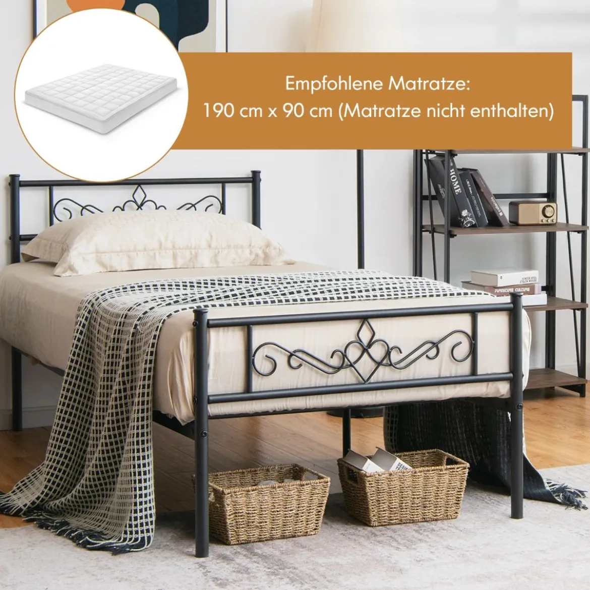 Einzelbettgestell aus Metall mit Kopf- und Fußteil für 190 x 90 cm Matratze Schwarz