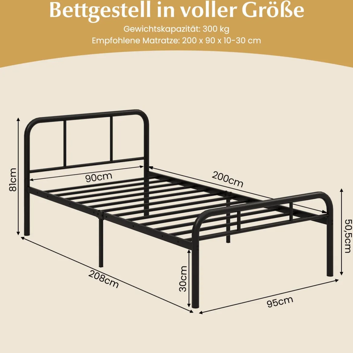 Einzelbett mit Kopf- & Fußteil Metallbett Bettgestell Metallplattformbett für 90 x 200 cm Matratze