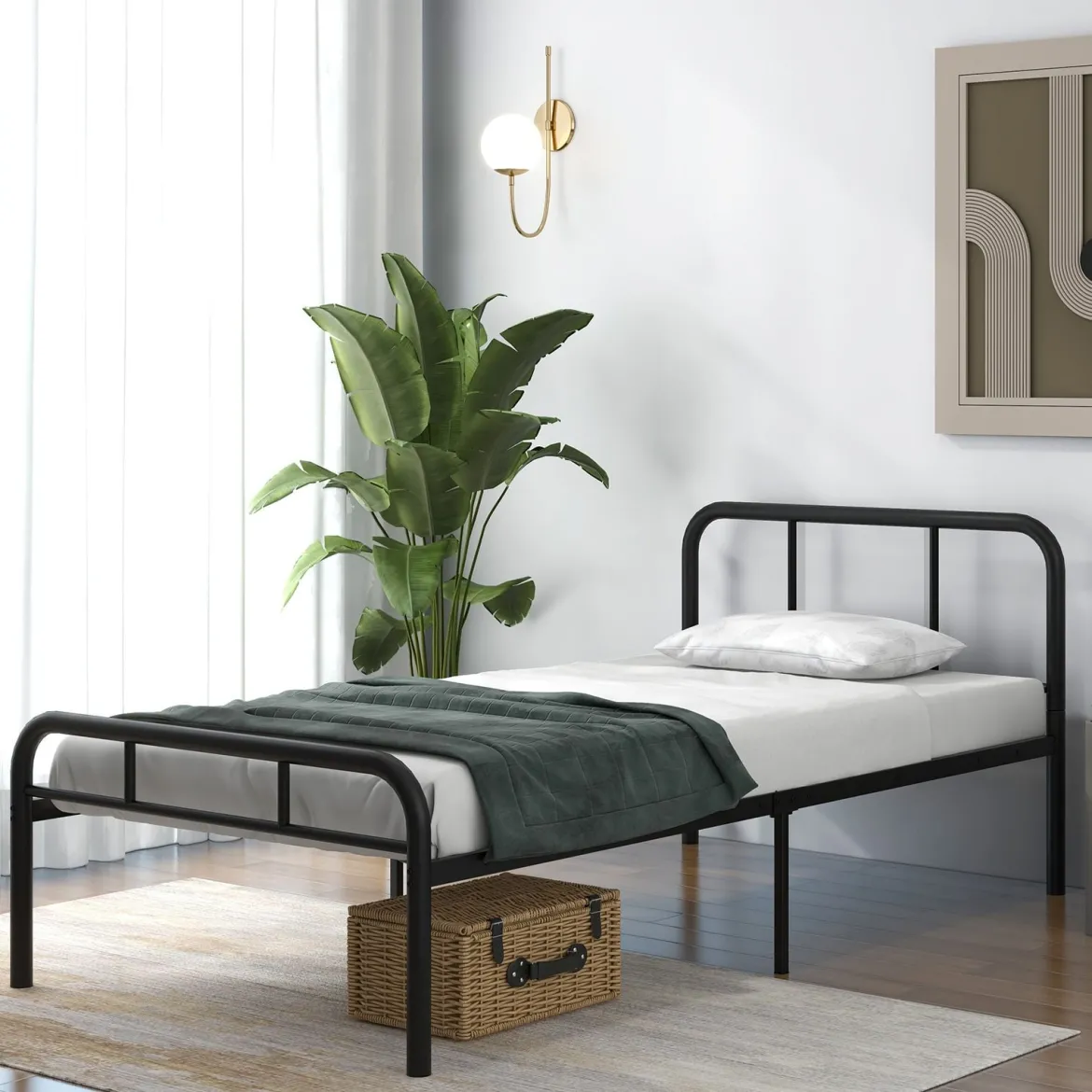 Einzelbett mit Kopf- & Fußteil Metallbett Bettgestell Metallplattformbett für 90 x 200 cm Matratze