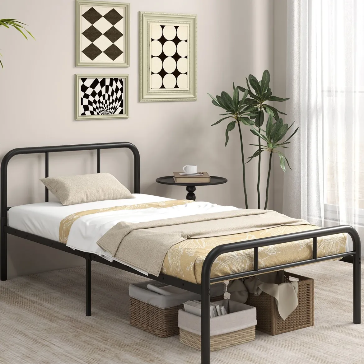 Einzelbett mit Kopf- & Fußteil Metallbett Bettgestell Metallplattformbett für 90 x 200 cm Matratze