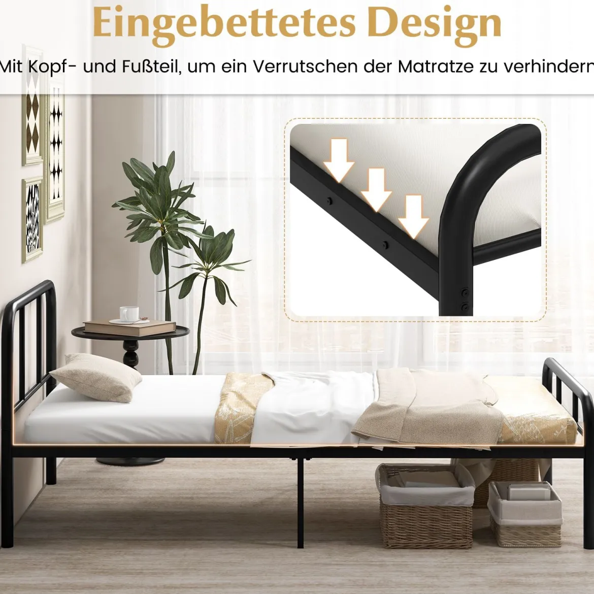 Einzelbett mit Kopf- & Fußteil Metallbett Bettgestell Metallplattformbett für 90 x 200 cm Matratze