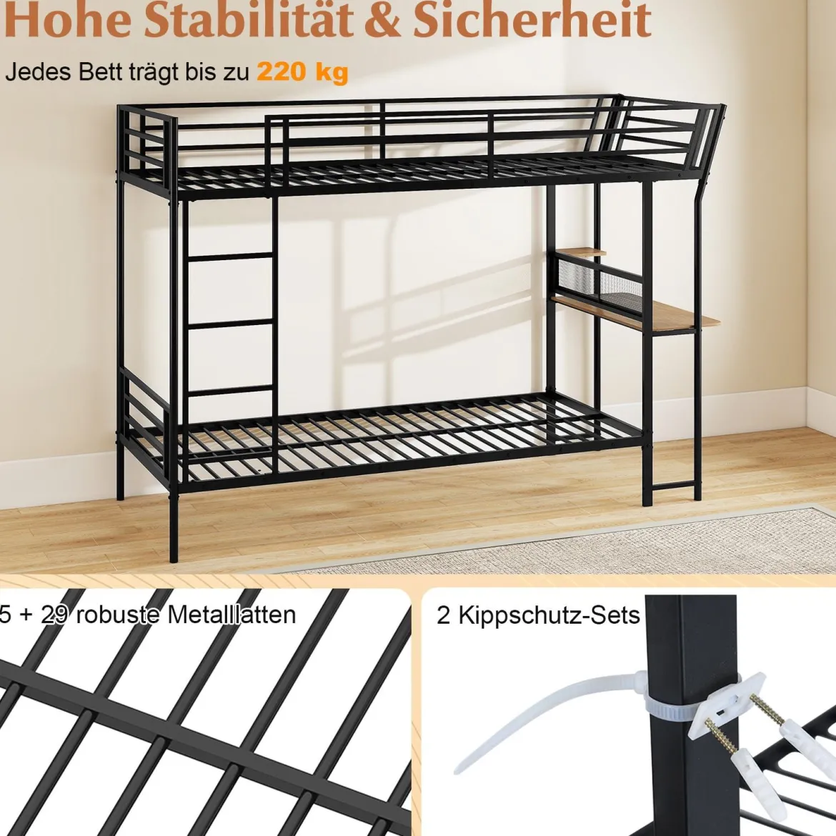 Einzel-Etagenbett mit Schreibtisch Metallloftbett mit Holz-Arbeitsstation Sicherheitsgeländer & Leiter inklusive