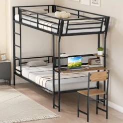 Einzel-Etagenbett mit Schreibtisch Metallloftbett mit Holz-Arbeitsstation Sicherheitsgeländer & Leiter inklusive