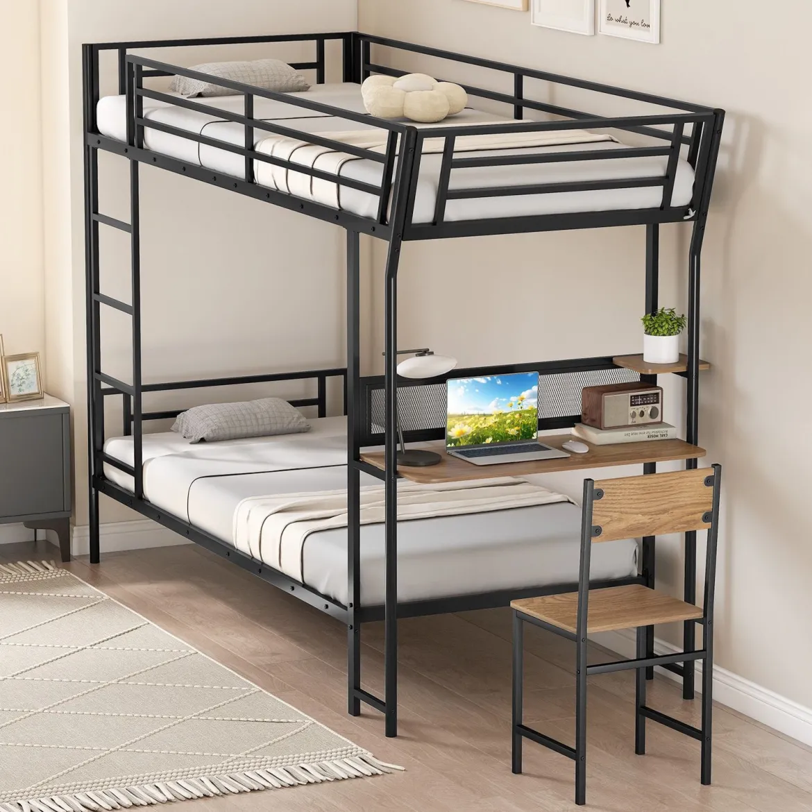 Einzel-Etagenbett mit Schreibtisch Metallloftbett mit Holz-Arbeitsstation Sicherheitsgeländer & Leiter inklusive