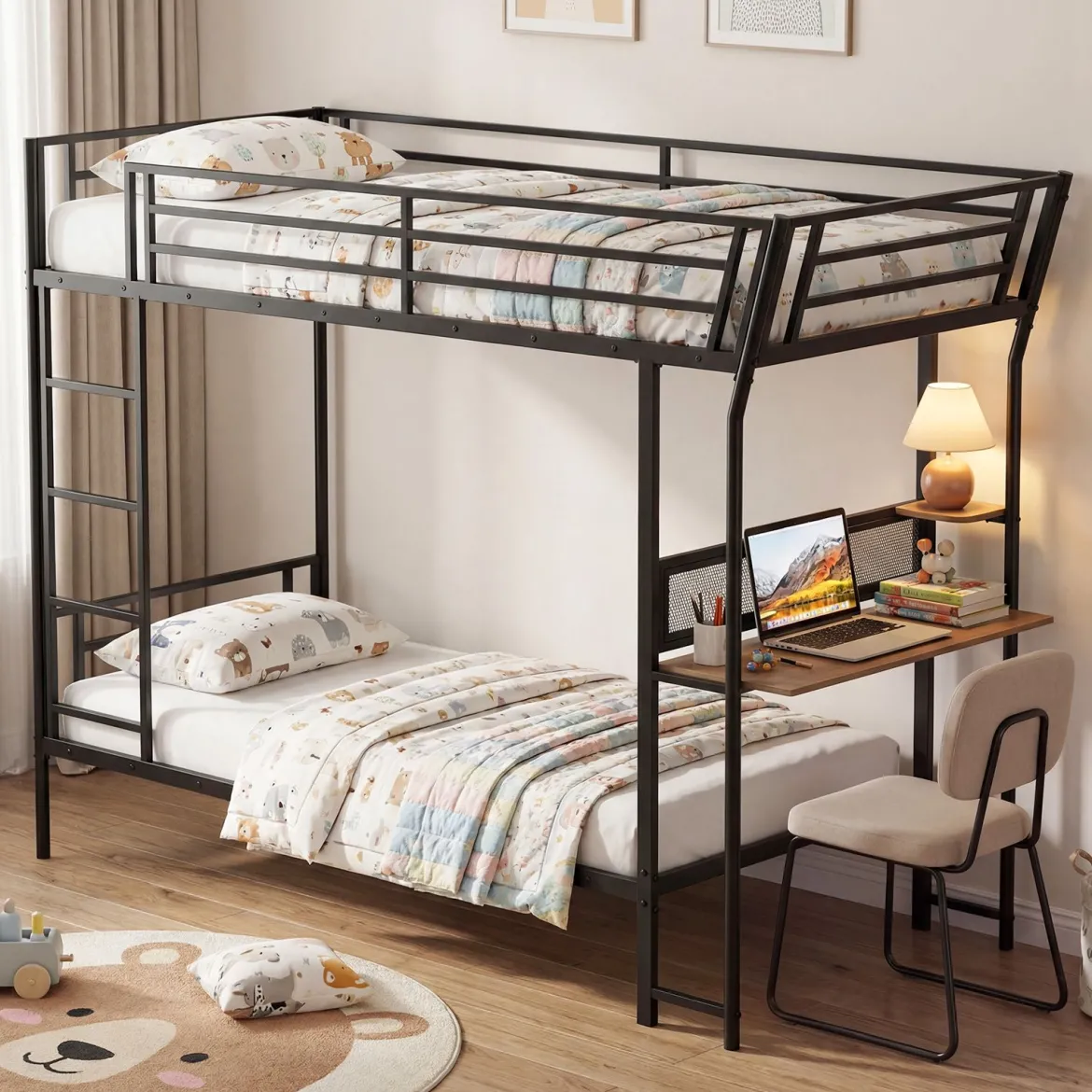 Einzel-Etagenbett mit Schreibtisch Metallloftbett mit Holz-Arbeitsstation Sicherheitsgeländer & Leiter inklusive