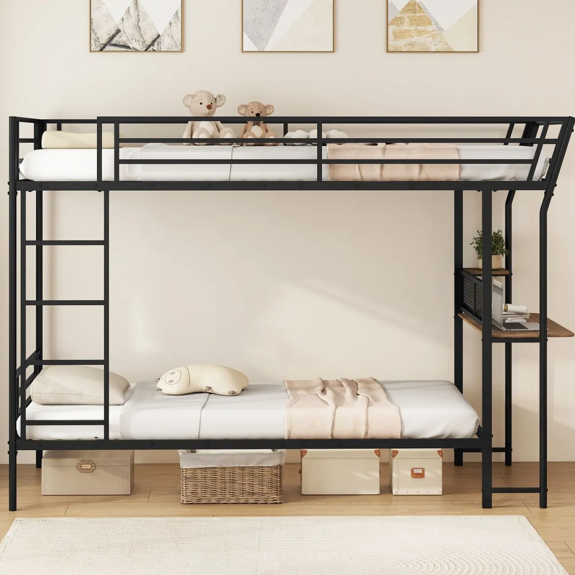 Einzel-Etagenbett mit Schreibtisch Metallloftbett mit Holz-Arbeitsstation Sicherheitsgeländer & Leiter inklusive