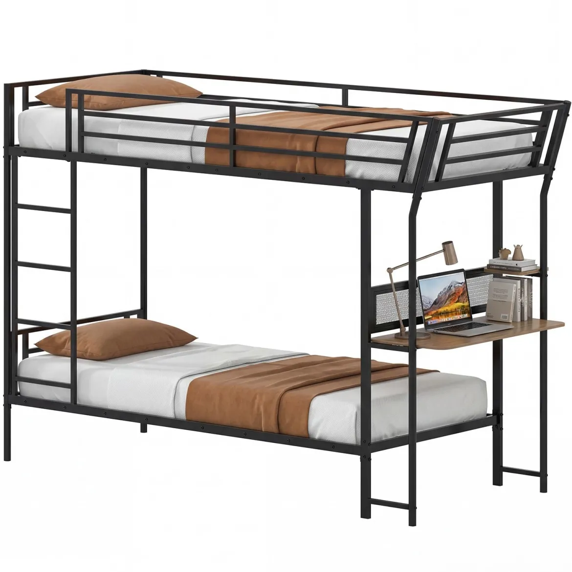 Einzel-Etagenbett mit Schreibtisch Metallloftbett mit Holz-Arbeitsstation Sicherheitsgeländer & Leiter inklusive