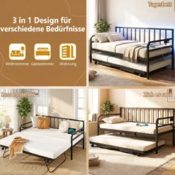 Einzelgröße Tagesbett mit LED-Lichtern & Ladestation Sofa-Bettgestell mit Ausziehbarem Trundle Schwarz