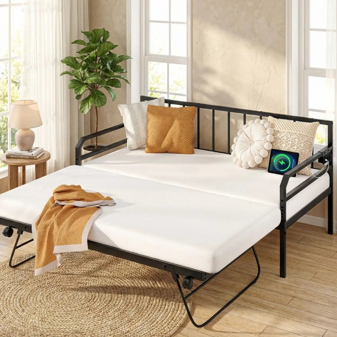 Einzelgröße Tagesbett mit LED-Lichtern & Ladestation Sofa-Bettgestell mit Ausziehbarem Trundle Schwarz