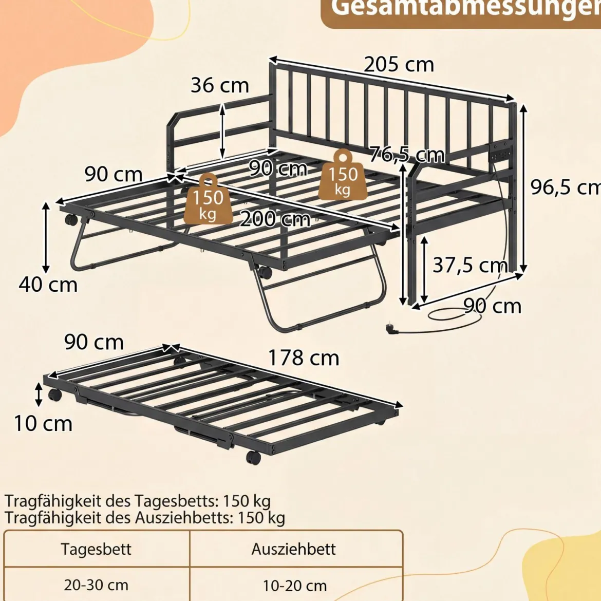 Einzelgröße Tagesbett mit LED-Lichtern & Ladestation Sofa-Bettgestell mit Ausziehbarem Trundle Schwarz