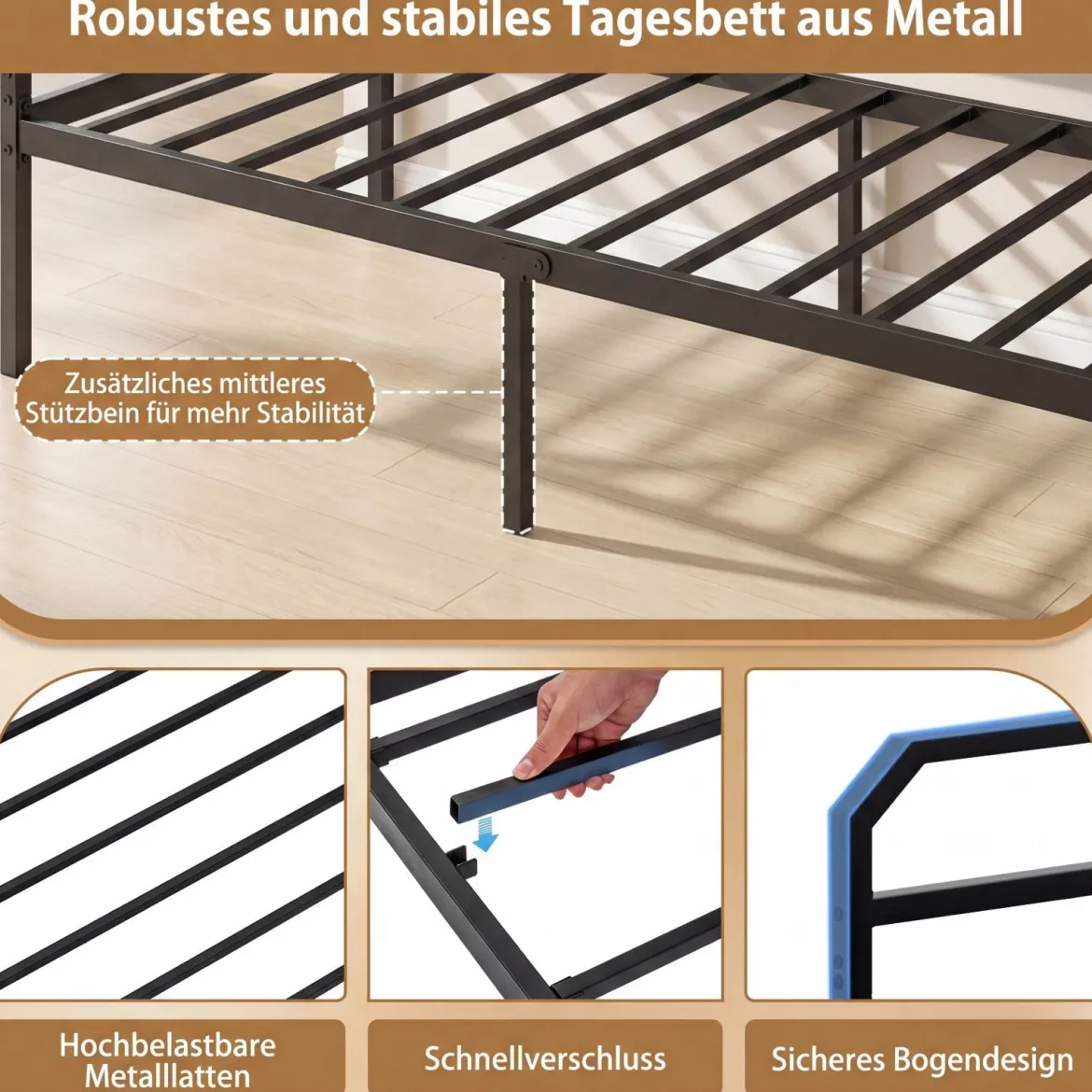 Einzelgröße Tagesbett mit LED-Lichtern & Ladestation Sofa-Bettgestell mit Ausziehbarem Trundle Schwarz