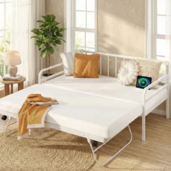 Einzelgröße Tagesbett mit LED-Lichtern & Ladestation Sofa-Bettgestell mit Ausziehbarem Trundle Weiß