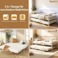 Einzelgröße Tagesbett mit LED-Lichtern & Ladestation Sofa-Bettgestell mit Ausziehbarem Trundle Weiß