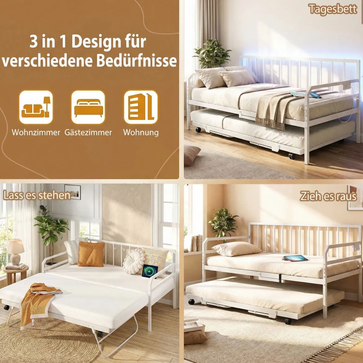 Einzelgröße Tagesbett mit LED-Lichtern & Ladestation Sofa-Bettgestell mit Ausziehbarem Trundle Weiß