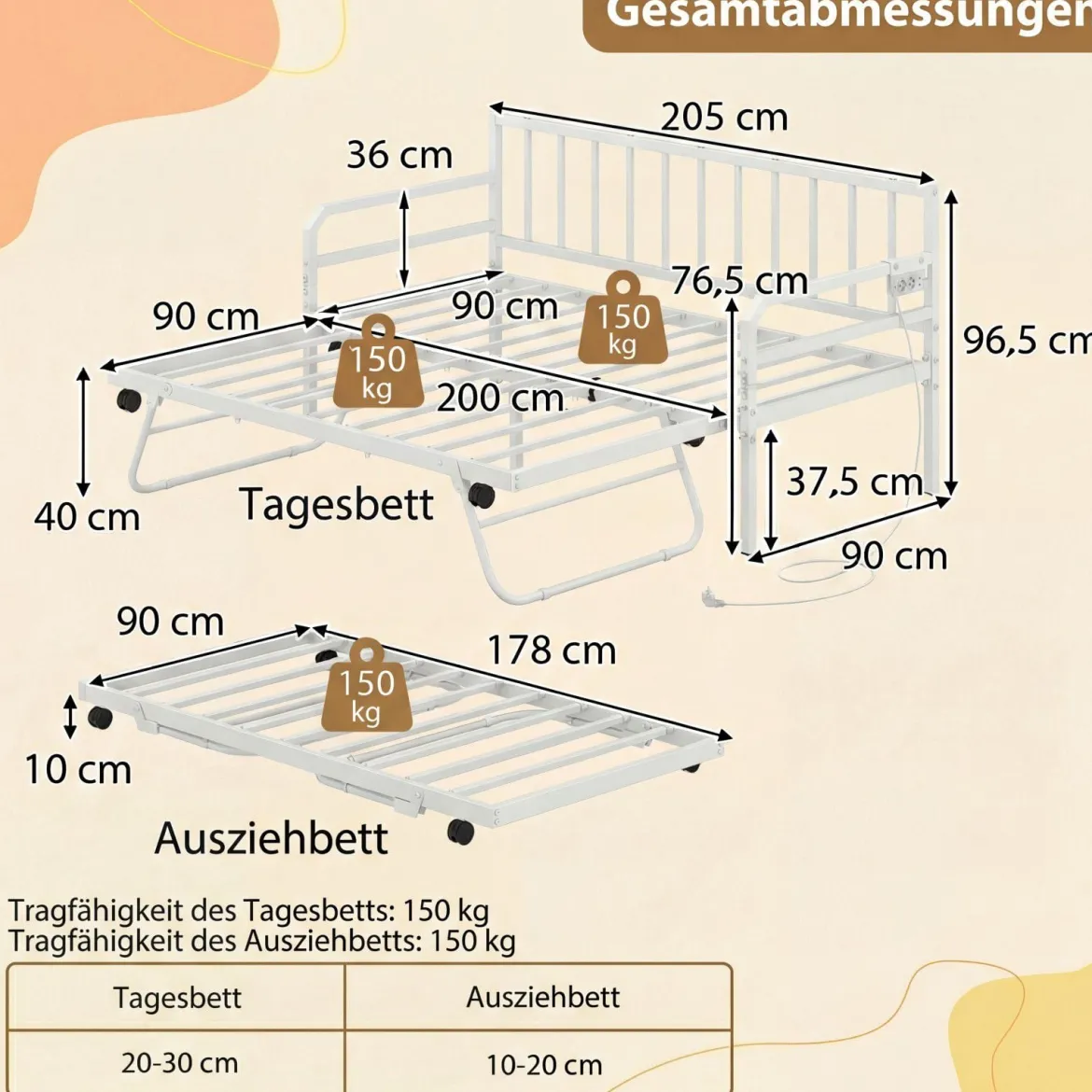 Einzelgröße Tagesbett mit LED-Lichtern & Ladestation Sofa-Bettgestell mit Ausziehbarem Trundle Weiß