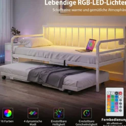 Einzelgröße Tagesbett mit LED-Lichtern & Ladestation Sofa-Bettgestell mit Ausziehbarem Trundle Weiß
