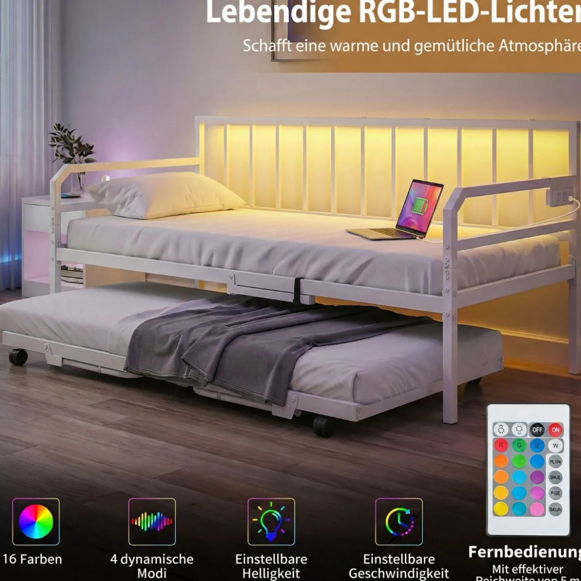 Einzelgröße Tagesbett mit LED-Lichtern & Ladestation Sofa-Bettgestell mit Ausziehbarem Trundle Weiß