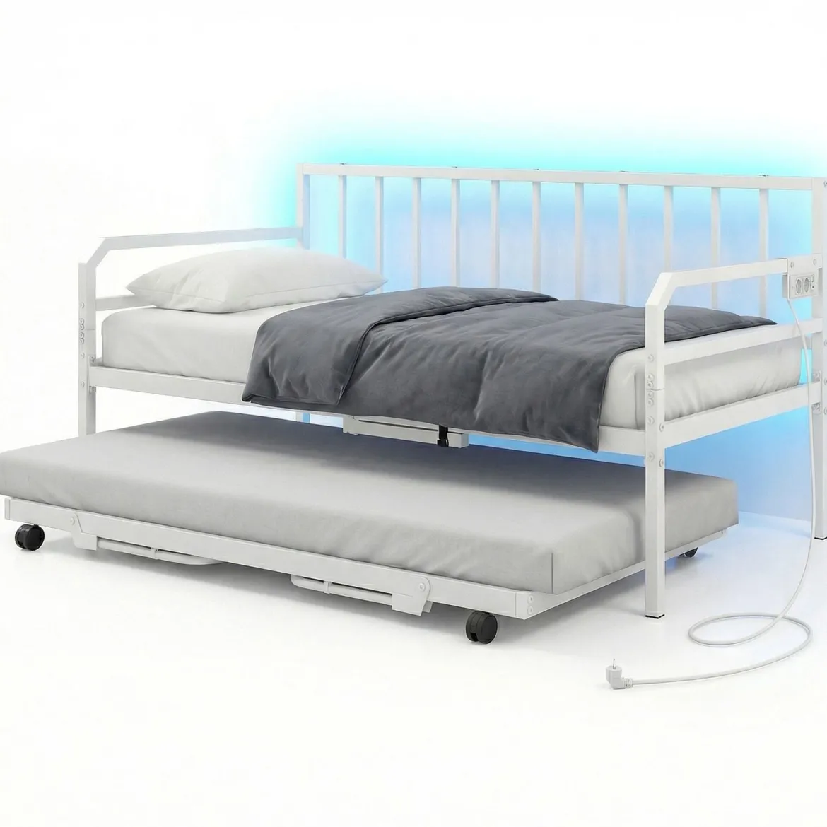 Einzelgröße Tagesbett mit LED-Lichtern & Ladestation Sofa-Bettgestell mit Ausziehbarem Trundle Weiß