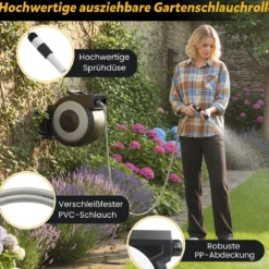 Einziehbare Gartenschlauchbox 30 m Wasserschlauch mit 2 m Zuleitungsschlauch Wandmontageset Schwarz