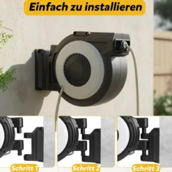 Einziehbare Gartenschlauchbox 30 m Wasserschlauch mit 2 m Zuleitungsschlauch Wandmontageset Schwarz