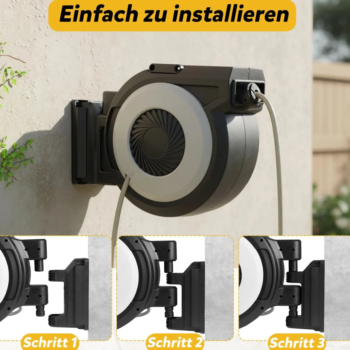Einziehbare Gartenschlauchbox 30 m Wasserschlauch mit 2 m Zuleitungsschlauch Wandmontageset Schwarz
