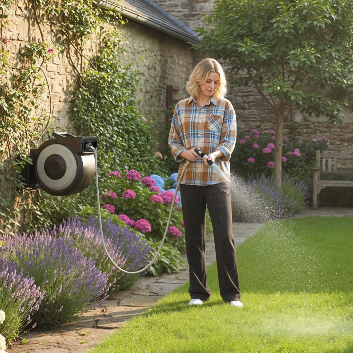 Einziehbare Gartenschlauchbox 30 m Wasserschlauch mit 2 m Zuleitungsschlauch Wandmontageset Schwarz