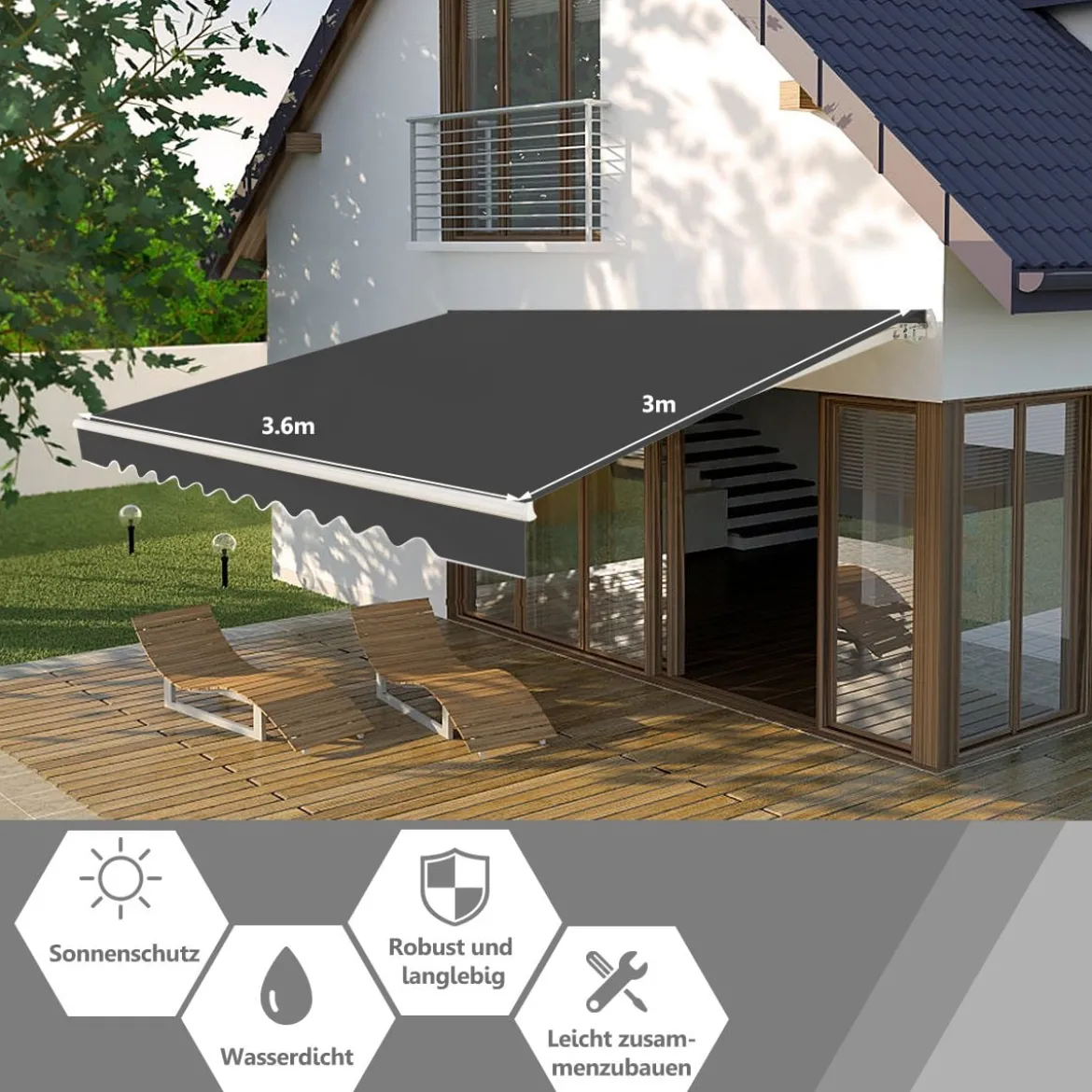 Einziehbare Markise Aluminium Terrassen Sonnenschutz mit Kurbelgriff 3,6 m × 3 m