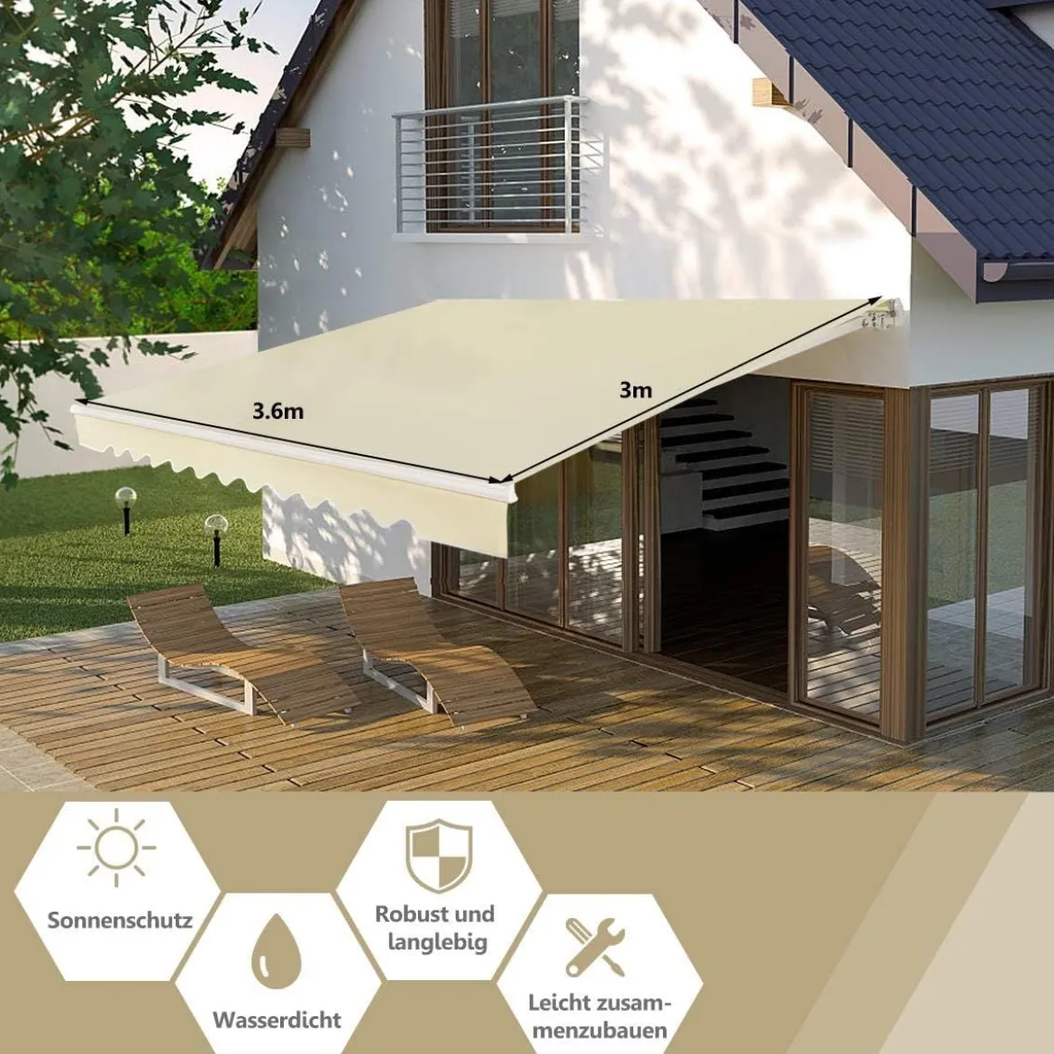 Einziehbare Markise Aluminium Terrassen Sonnenschutz mit Kurbelgriff 3,6 m × 3 m