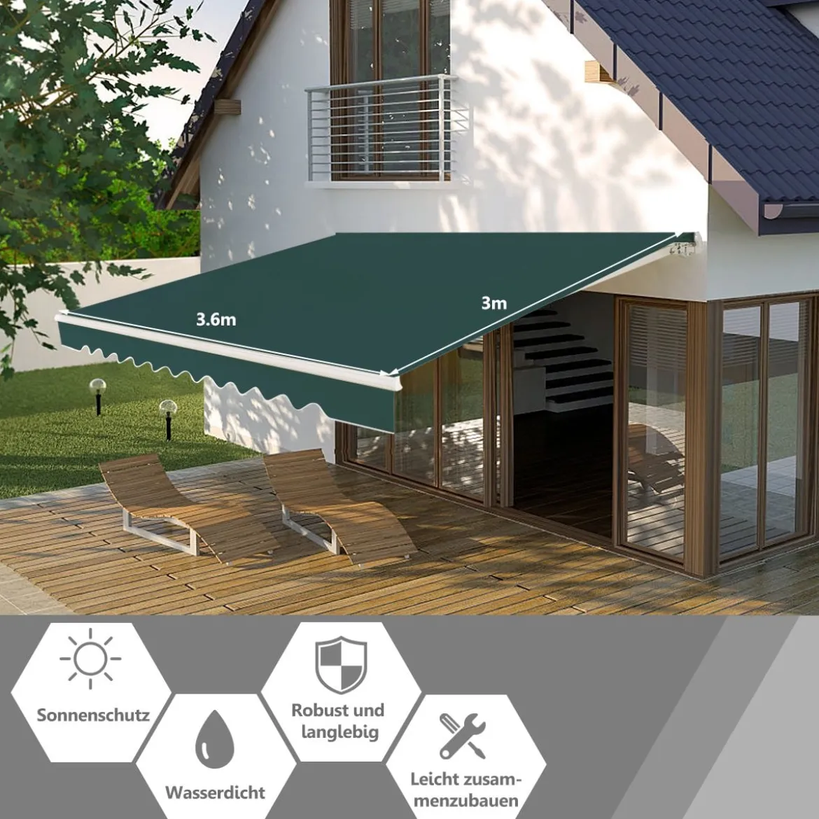 Einziehbare Markise Aluminium Terrassen Sonnenschutz mit Kurbelgriff 3,6 m × 3 m
