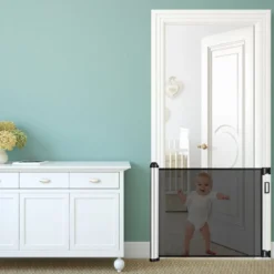 Einziehbares Schutzgitter für Babys und Haustiere Breites Sicherheitstor aus Maschengitter 140 x 8 x 89 cm Grau