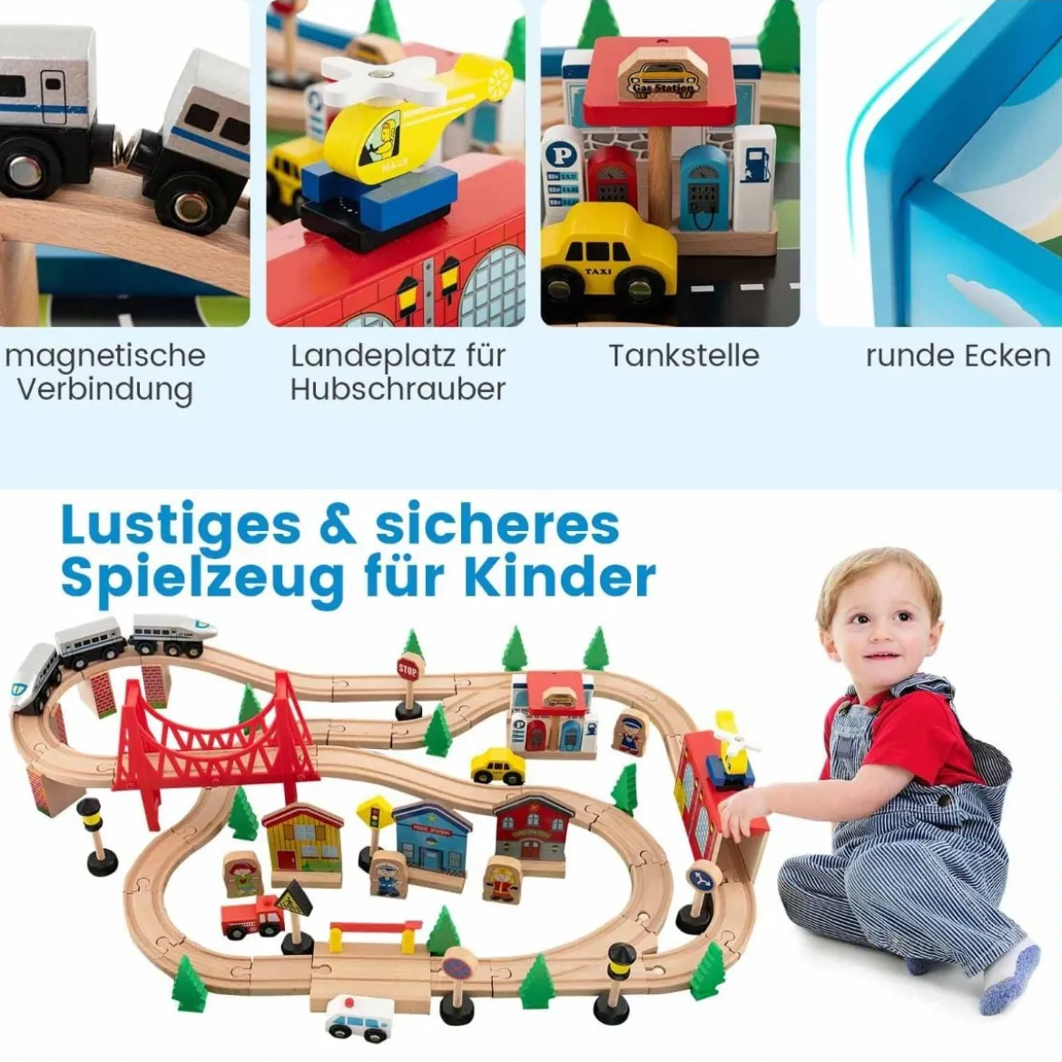 Eisenbahntisch aus Holz 80-teiliges Spielset mit Umkehrbarer & Abnehmbarer Tischplatte 82,5 x 60 x 40 cm Mehrfarbig
