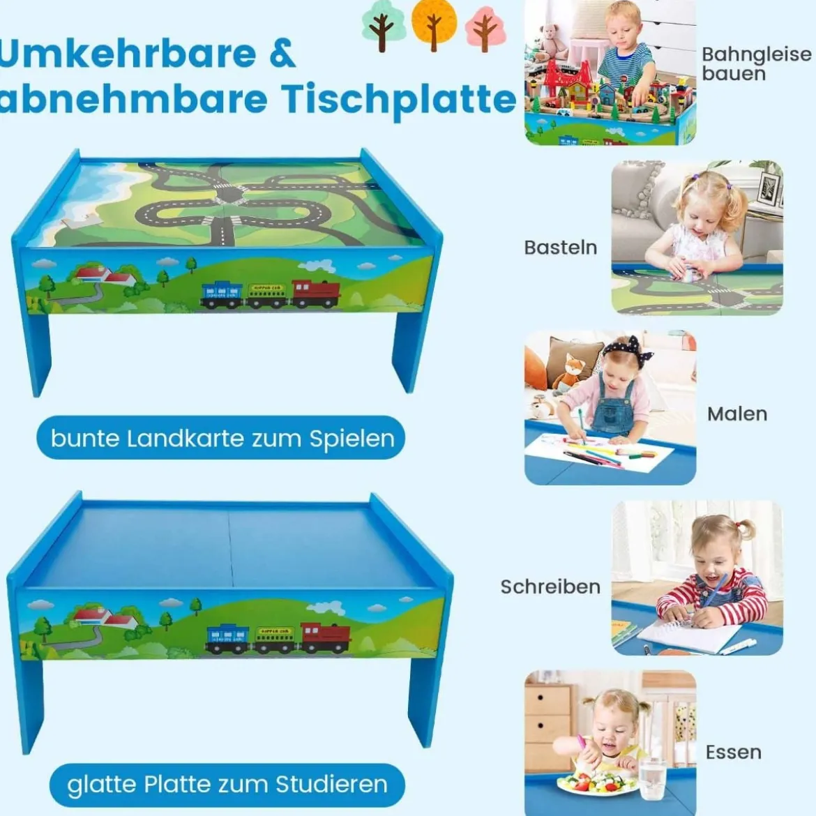 Eisenbahntisch aus Holz 80-teiliges Spielset mit Umkehrbarer & Abnehmbarer Tischplatte 82,5 x 60 x 40 cm Mehrfarbig